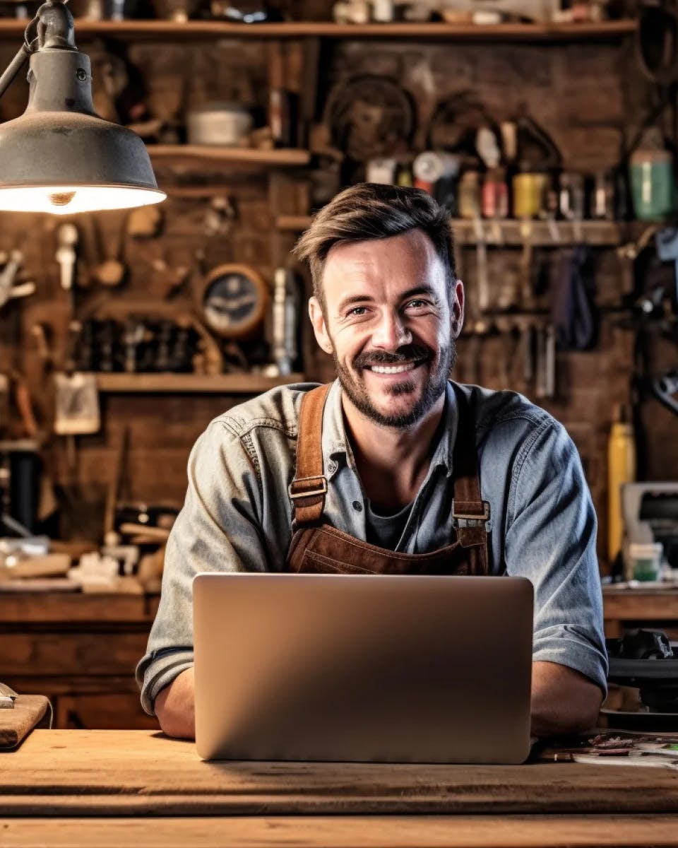Smiling handyman with a laptop