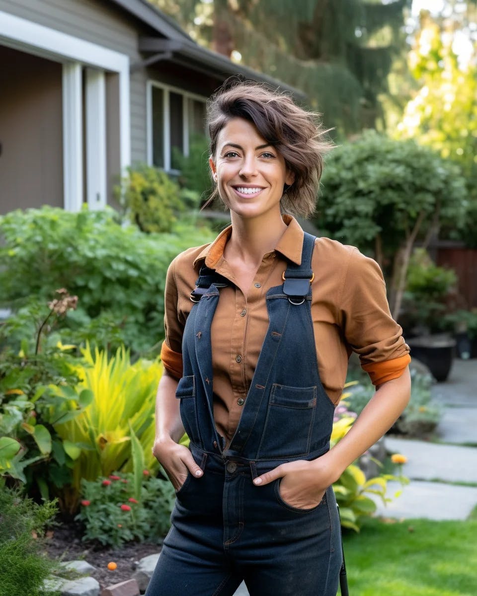 Smiling landscape designer standing in the backyard of a house
